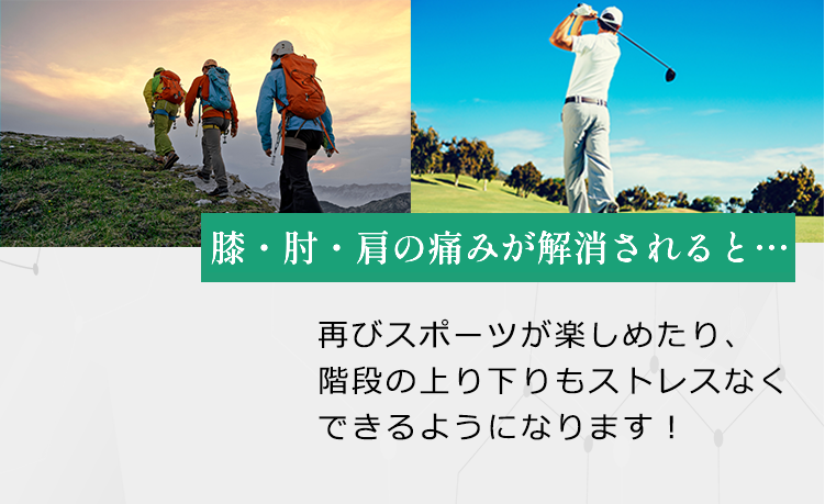 膝・肘・肩の痛みが解消されると、再びスポーツが楽しめたり、階段の上り下りもストレスがなくなります。